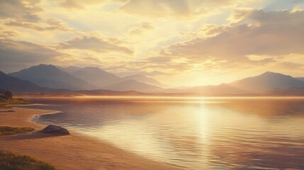 A breathtaking sunset over a tranquil lake with mountains in the background. The golden light of the sun reflects on the water, creating a serene and peaceful atmosphere.