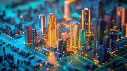A futuristic city skyline rendered in a low-poly style, with glowing lights and a circuit board-like background, symbolizing technological advancement and connectivity.