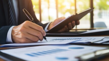Fototapeta premium Confident businessman signing a contract, surrounded by financial documents, symbolizing price guarantees and business security. 