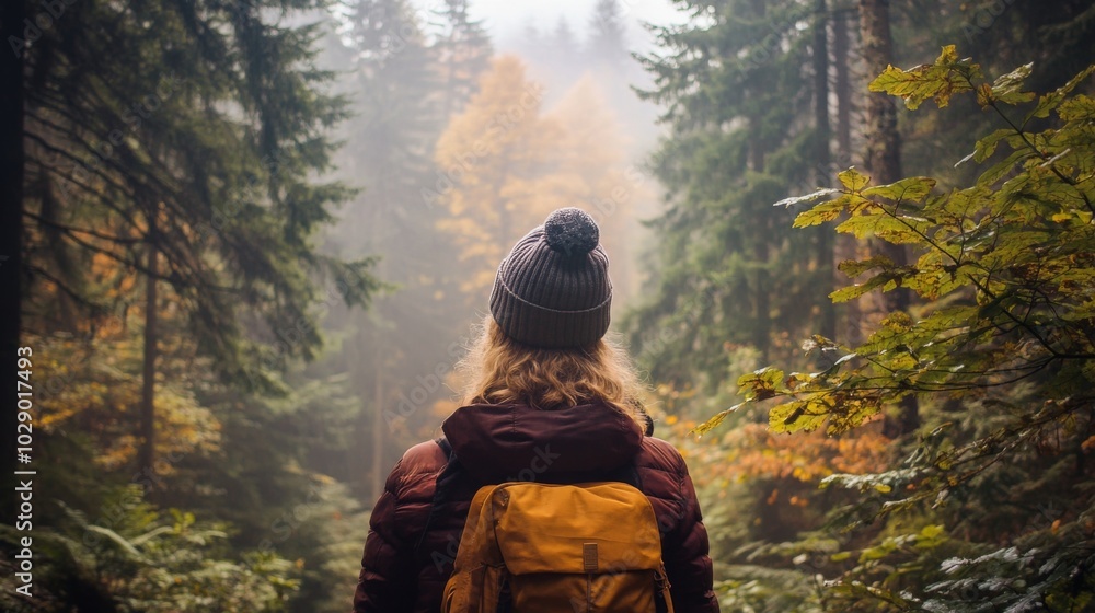 Poster A person stands in a lush forest, facing a path lined with vibrant autumn foliage. The fog envelops the trees, creating a serene and mysterious atmosphere in the early morning.