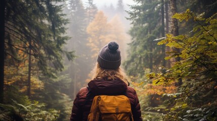 A person stands in a lush forest, facing a path lined with vibrant autumn foliage. The fog envelops the trees, creating a serene and mysterious atmosphere in the early morning.