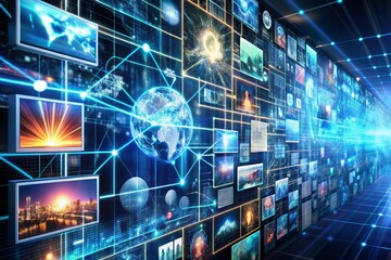 Digital data technology background with blue light Digital cyber space High speed internet digital data transfer future technology