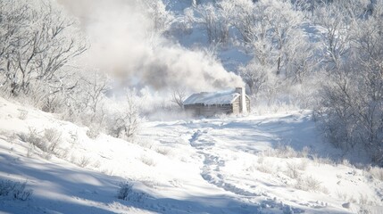 Cozy Winter Retreat: Snowy Landscape with Rustic Cabin and Curling Smoke, Embracing the Warmth of Winter, Enhanced with Ultra-Detailed, Cinematic Light