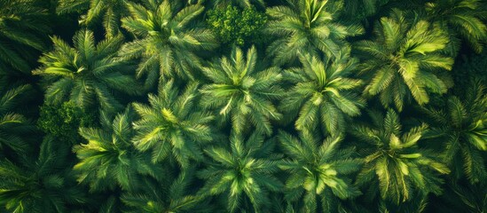 Aerial view of a lush, green palm tree forest, the leaves are arranged in a symmetrical pattern.