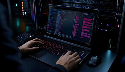 Technician Working on Computer in Dark Room