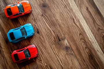 Obraz premium colorful toy cars on wooden background. Top view. Copy space