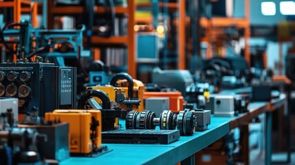 Naklejka premium A variety of industrial electrical tools and machinery displayed in a factory setting.