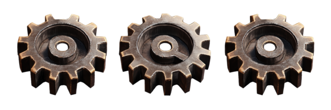 Three rusty metal gears isolated transparent background