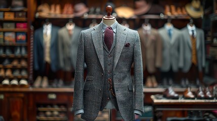 Fototapeta premium Elegant Grey Tweed Suit with Pocket Square - Menswear Style Inspiration