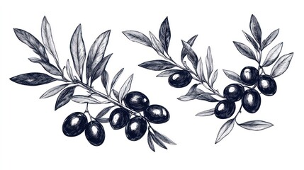 Hand-drawn illustration of olive branches with leaves and olives.