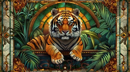 Majestic Tiger in Vibrant Jungle Setting with Intricate Stained Glass Art and Lush Greenery