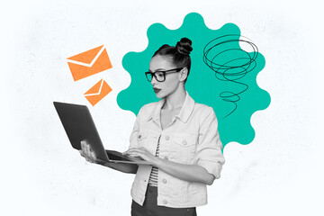 Composite photo collage of minded freelancer girl type laptop device mail letter notification...
