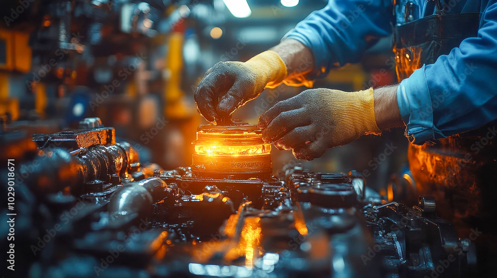 Poster close-up shot of a mechanic's hands working on an engine part, glowing with warm light, symbolizing 