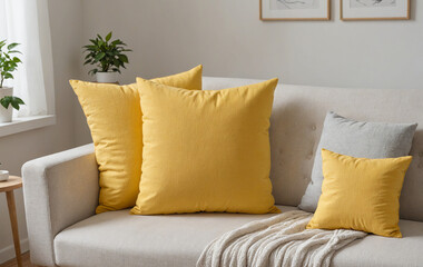Obraz premium Mockup of a yellow pillows with wooden chair with window light and green decoration plants