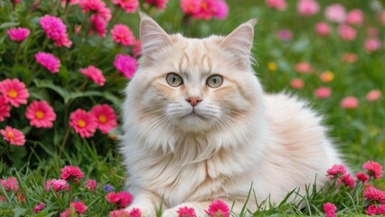 Cream siberian cat in flower field