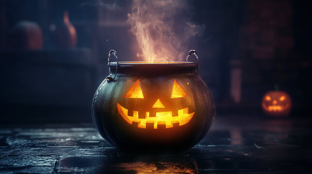Halloween pumpkin style witch's cauldron, created with Generative AI technology