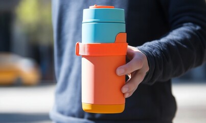 Person holding colorful water bottle.