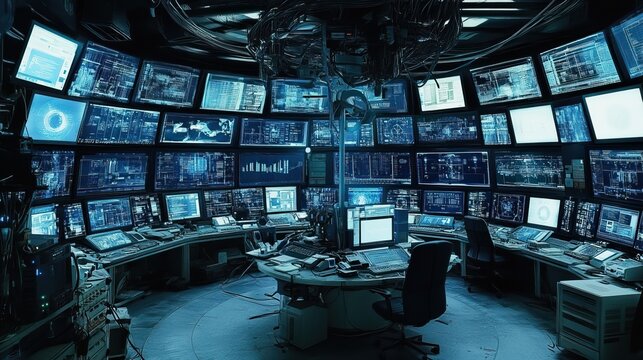 A Futuristic Control Room With Numerous Screens Displaying Data