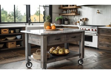 Modern rustic kitchen island cart with marble top, casters, and weathered gray wood finish for farmhouse style decor.
