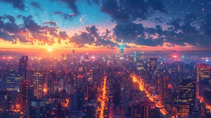 Fototapeta premium Night Cityscape: A vibrant city scene with illuminated buildings and busy streets at night perfect for illustrating the vibrancy and energy of urban life. High resolution Illustration, in the style