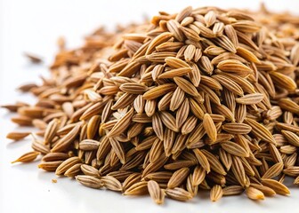 Obraz premium Macro Photography of Cumin Seeds on White Background - Spices and Herbs Close-Up