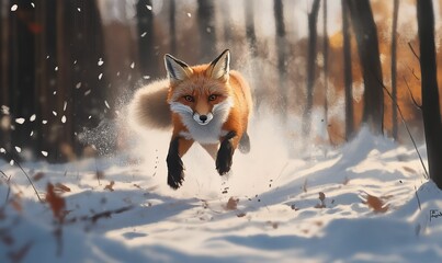 Fototapeta premium Red fox running through snowy forest.