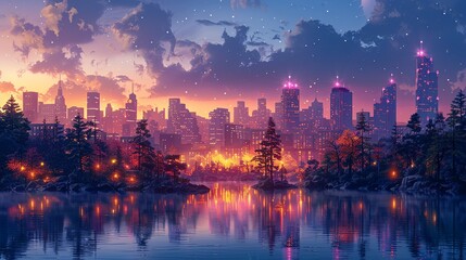 Obraz premium Evening City Scene: A beautiful view of a city skyline at evening with glowing lights and contemporary architecture capturing the transition from day to night in a bustling city. High resolution