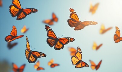 Monarch butterflies fly in blue sky.