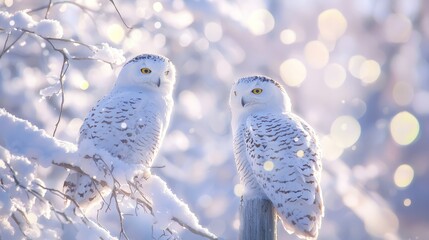 Majestic Snowy Owls Observing Snowy Landscape - Ultra-Detailed Wildlife Image with Cinematic Light