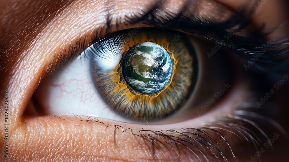 Canvas Prints Close-up of a human eye with the planet Earth reflected in the iris, symbolizing global vision, environmental consciousness, and interconnectedness.