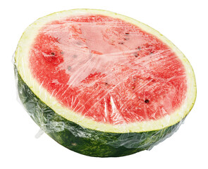 Watermelon with plastic food wrap. Watermelon with PVC Cling Film isolated on white.