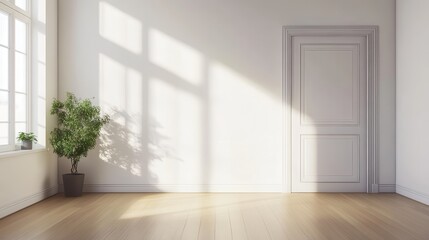 A minimalist room with a potted plant, white walls, and wooden floors bathed in sunlight.