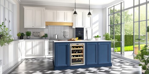 Bright kitchen with white cabinets, blue island, and large windows.