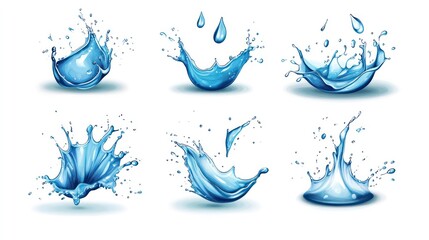 Six water splashes isolated on a white background. The splashes are of different sizes and shapes.