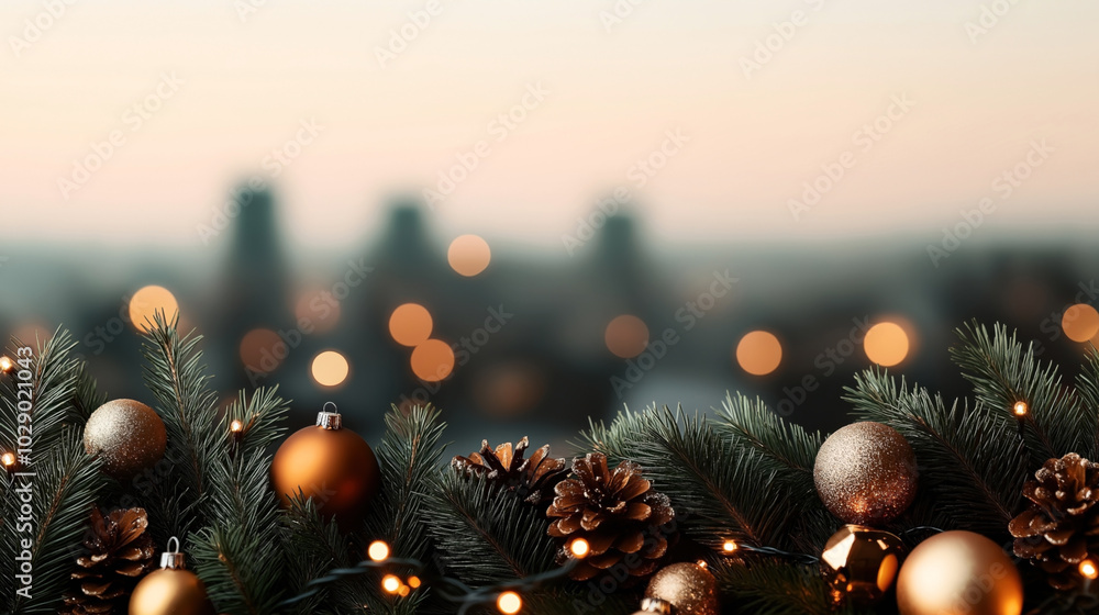 Wall mural Festive Christmas decoration with evergreen branches, golden baubles, pinecones, and warm lights, blurred bokeh cityscape background at dusk.