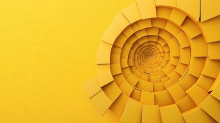 Abstract yellow spiral pattern with layered square elements creating a dynamic, circular design. Geometric shapes and vibrant colors form a 3D effect.