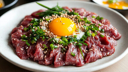 Fototapeta premium Horse meat yukhoe served with traditional garnishes