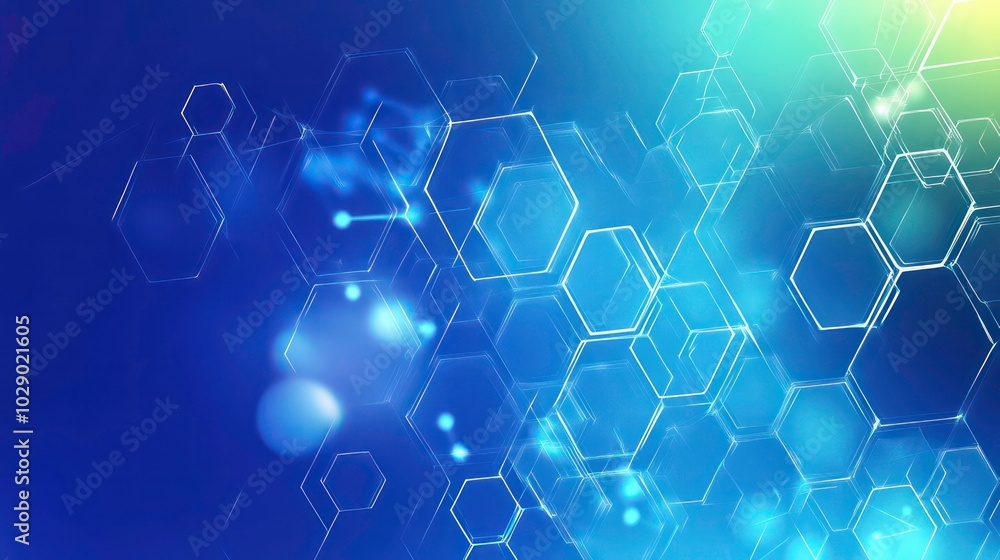Poster abstract background with hexagonal shapes and glowing lights, on a blue and green gradient.