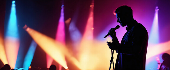A silhouette of The Concert, a musician, is shown with intense color contrast, their face illuminated by vibrant stage lights, and their silhouette blending into a crowd	
 standing in front of a giant
