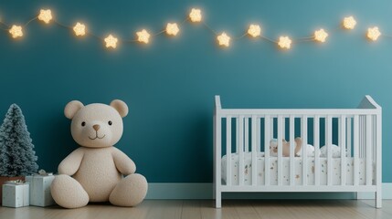 Cozy nursery with teddy bear and star lights