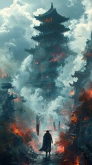 Ancient Pagoda in a Misty Japanese Landscape