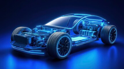 A cutaway view of an electric car with glowing blue lines highlighting the internal components.