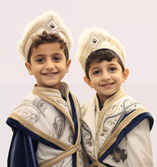 Three boys in traditional circumcision ceremony outfits