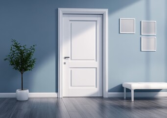 A minimalistic room with a white door, blue walls, framed art, a bench, and a potted plant.