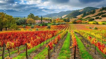 Autumnal Vineyard Landscape with Farmhouse and Rolling Hills