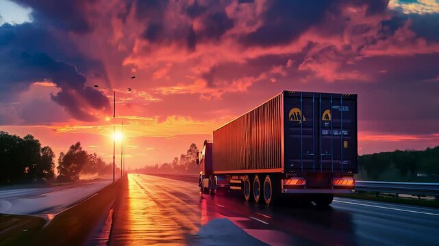 Semi Trailer Trucks Driving on The Road with The Sunset. Shipping Cargo Container, Economical Transportation Business. Commercial Truck Transport. Diesel Truck. Logistics Freight Truck Transportation.