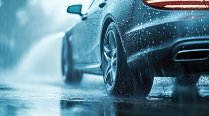 A close-up of a car driving in the rain. This photo is perfect for showcasing the dangers of driving in wet conditions, emphasizing the importance of safe driving practices.