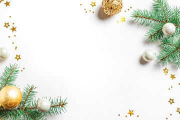 Christmas Background with fir branches, golden ornaments