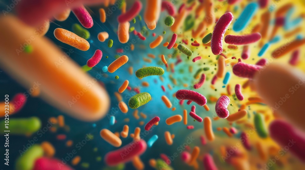 Poster abstract background with colorful bacteria in motion.