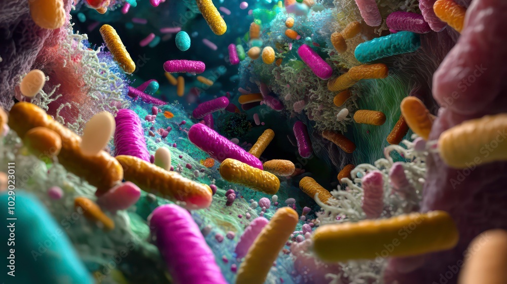 Poster a microscopic view of a colorful, vibrant and diverse microbial community with different shapes and 